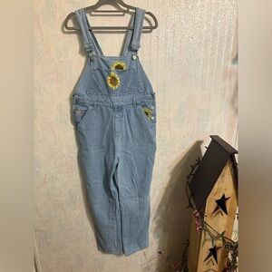 Jou Jou Light Blue Denim Overalls With Embroidered Sunflowers On Them, Sz 14